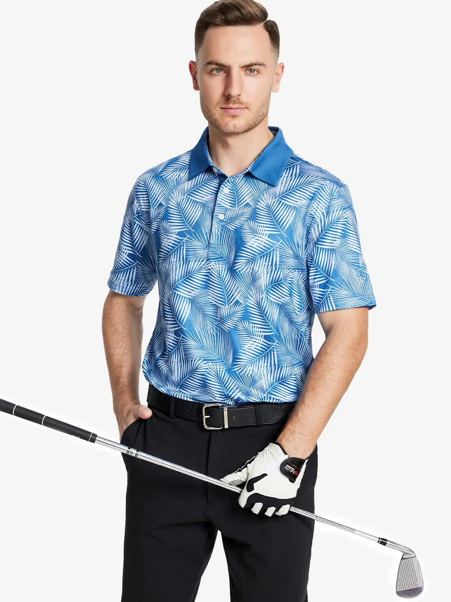 Model shown wearing a light blue leaf-printed polo shirt and holding golf clubs, the fresh and soft design is suitable for casual sports occasions.