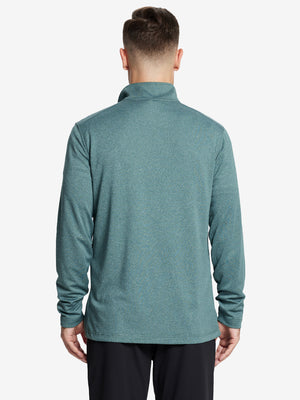 Back half-body view, model showcasing fit of DARK GREEN MELANGE Moisture Wicking Quarter Zip Pullover.