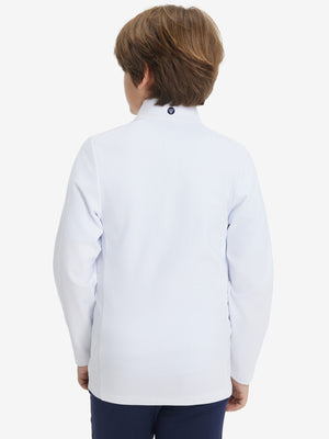 Model in kids soft lightweight fleece lined jacket in white, showing back half-body view.