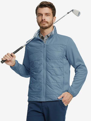 Model holding golf club, dressed in Golf Fleece Thermal Winter Jacket in Shadow Blue, sporty design.