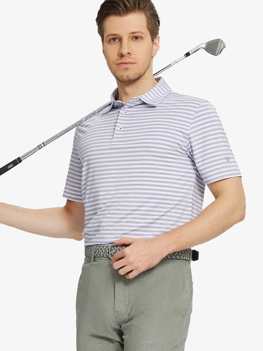 Front half-body shot holding golf club in Lavender White Yarn Dyed Stripe Polo – fresh and refined