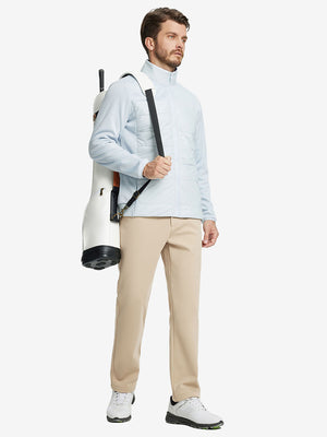 Full body model carrying golf bag in Water-resistant fleece lined pants, clean khaki look