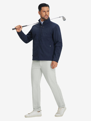 Model holding a golf club, wearing lightweight flat front casual trousers in silver grey, full-body view.