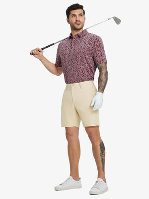 Full-body front view of model holding golf club wearing LIGHT KHAKI Water Resistant Versatile 8 Pockets Shorts.