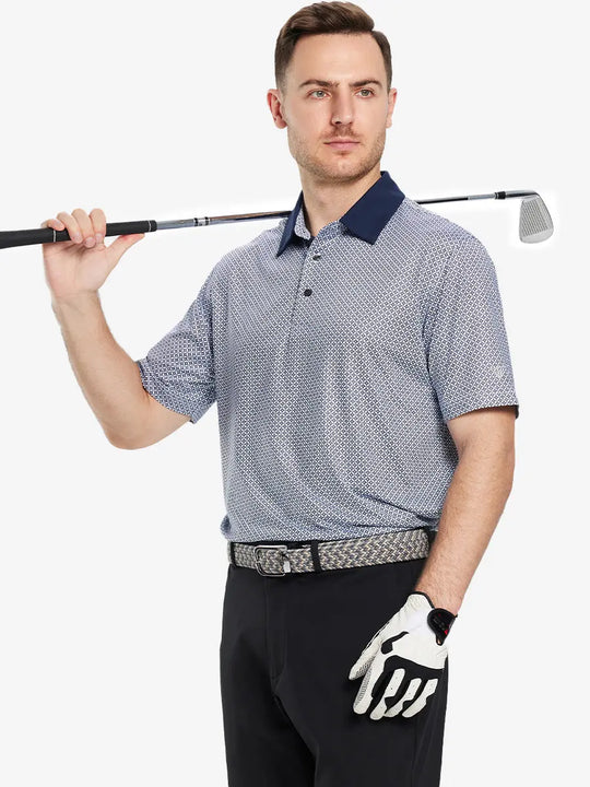 The model shows the front half-length image of the WHITE NAVY INTERLINK  golf polo shirt, paired with a golf club, showing a sporty and elegant temperament