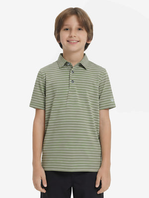 Front upper body of model wearing youth performance golf polos, clean fit and sporty green/white stripe look