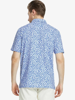 Back view of MAELREG Men's Performance Jersey Print Polo in Blue White Mosaic – athletic fit