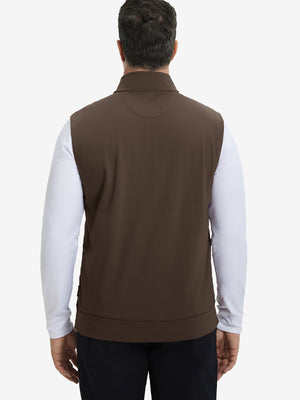 Back upper body view of the coffee brown print collar quarter zip golf vest, clean cut and relaxed posture.