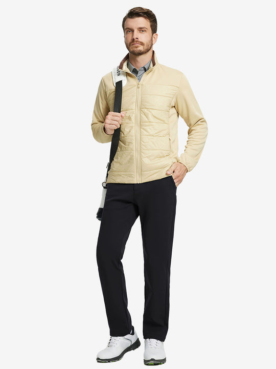 BLACK Water-Resistant Fleece Lined Pants, full-body front view carrying golf bag