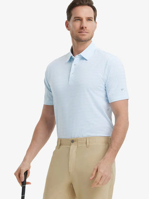 Model wearing Slate Blue Aqua Blue Stripe Performance Stripe Golf Shirt – front half-body pose