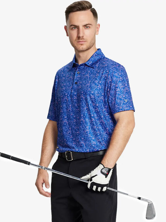 The model displays a vintage and sporty vibe wearing a navy blue paisley patterned polo shirt and holding golf clubs.