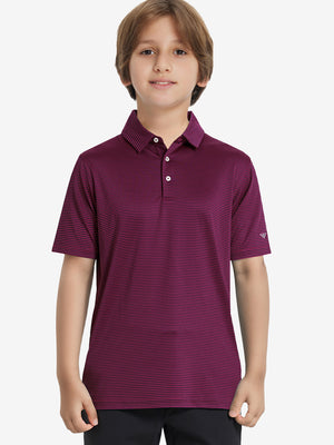 Front half-body shot of youth in maroon stripe performance cooling polo, highlighting design and fit