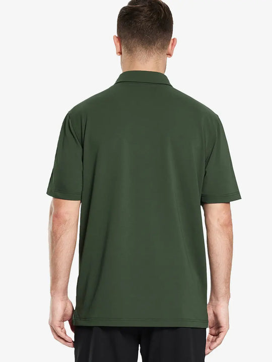 Back view half-body of model in OLIVE GREEN Ventilated Pique Performance Polo