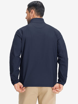 Back view of lightweight water-resistant outerwear jacket on model, showing navy design