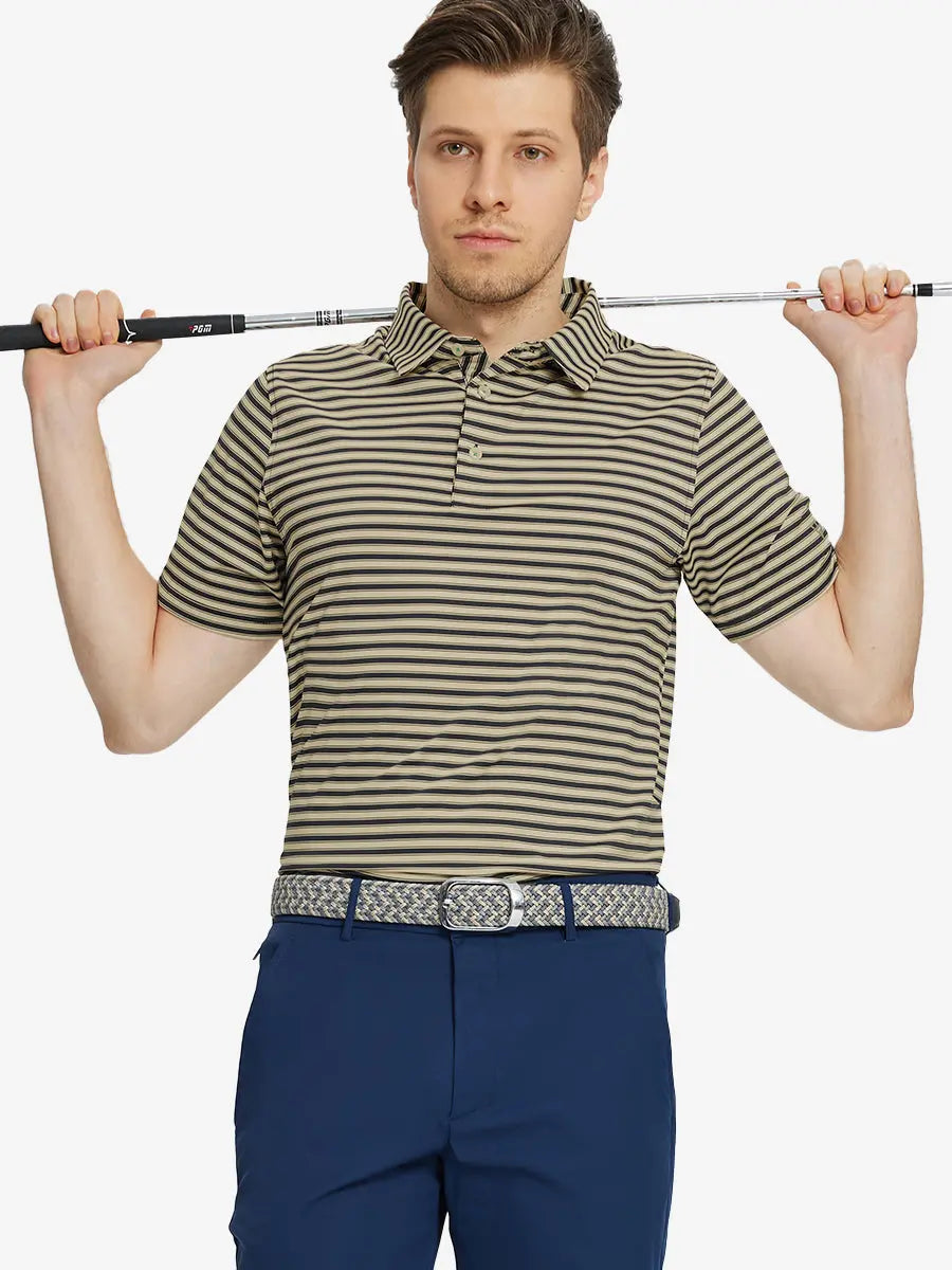 Front half-body shot holding golf club in Black Khaki Yarn Dyed Stripe Polo – balanced and contemporary