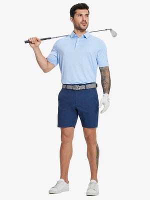 Full-body front view of model holding golf club wearing BLUE INDIGO Water Resistant Versatile 8 Pockets Shorts.