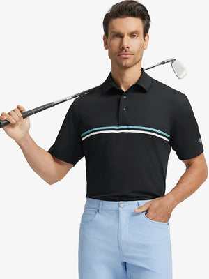 Half-body front view of model holding golf club wearing BLACK Stylish Chest Print Snap Polo