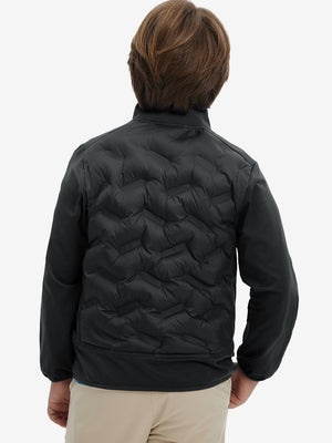 Back upper-body view of boys windproof puffer jacket with pockets on model, shown in black.