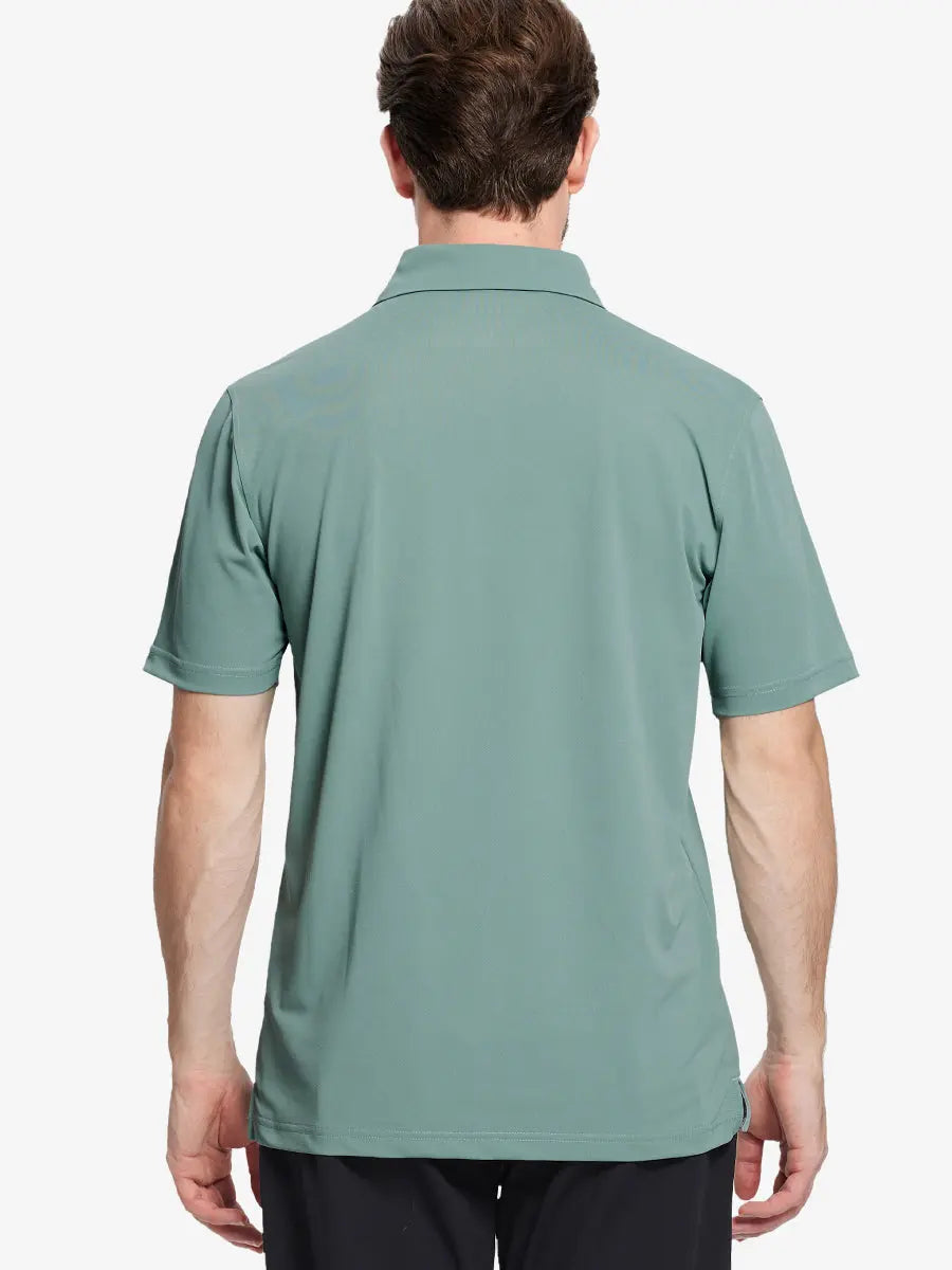 Back view half-body of model in BERYL GREEN Ventilated Pique Performance Polo