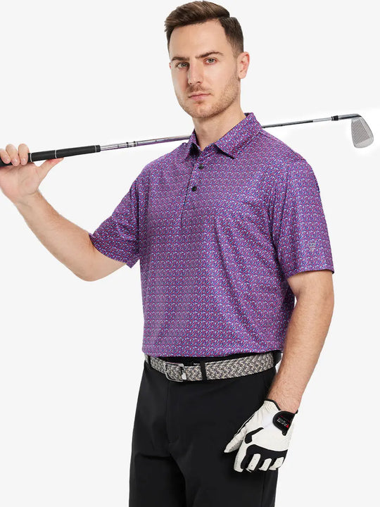 Model showcases the magenta geometric pattern polo shirt, highlighting its modern design and vibrant energy.