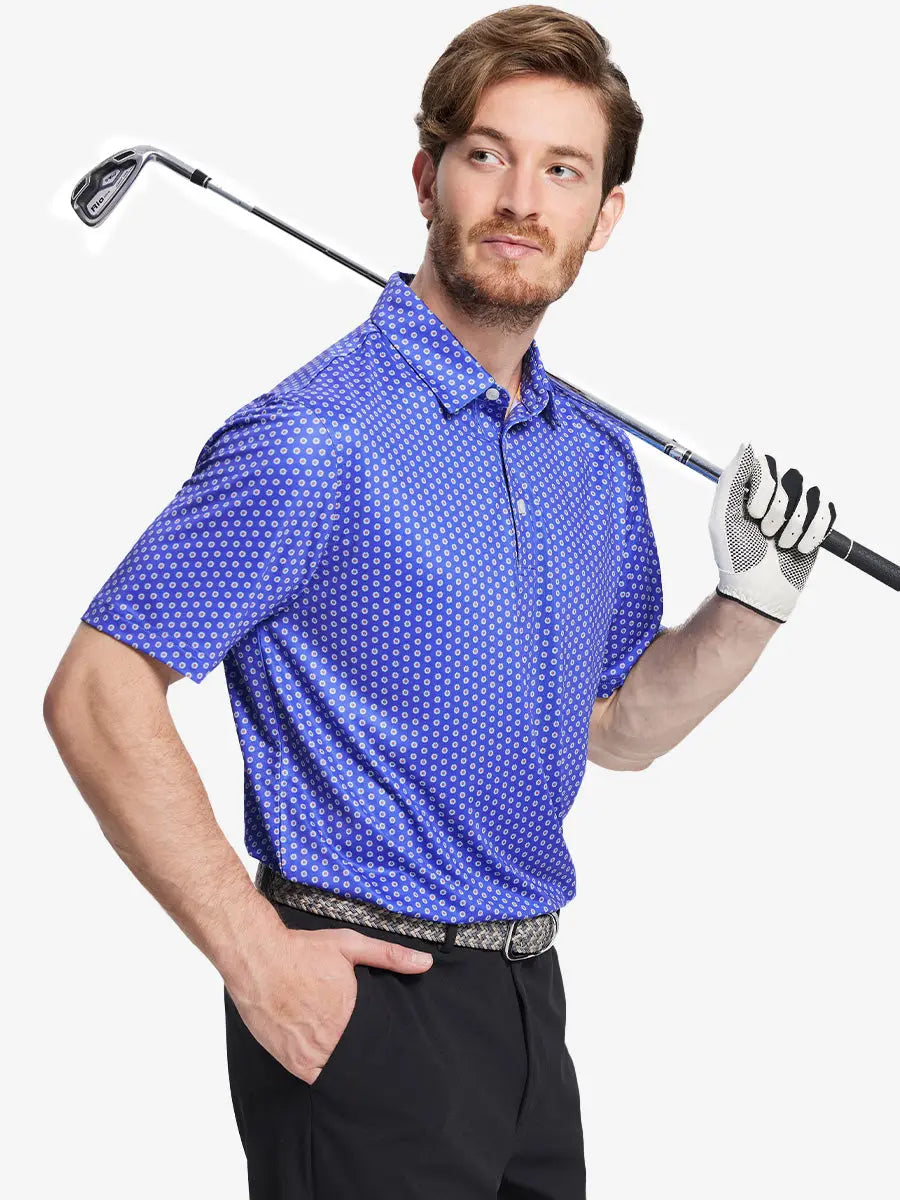 Half-body front view of model holding golf club wearing BLUE DAISY Performance Quick Dry Print Golf Polo.