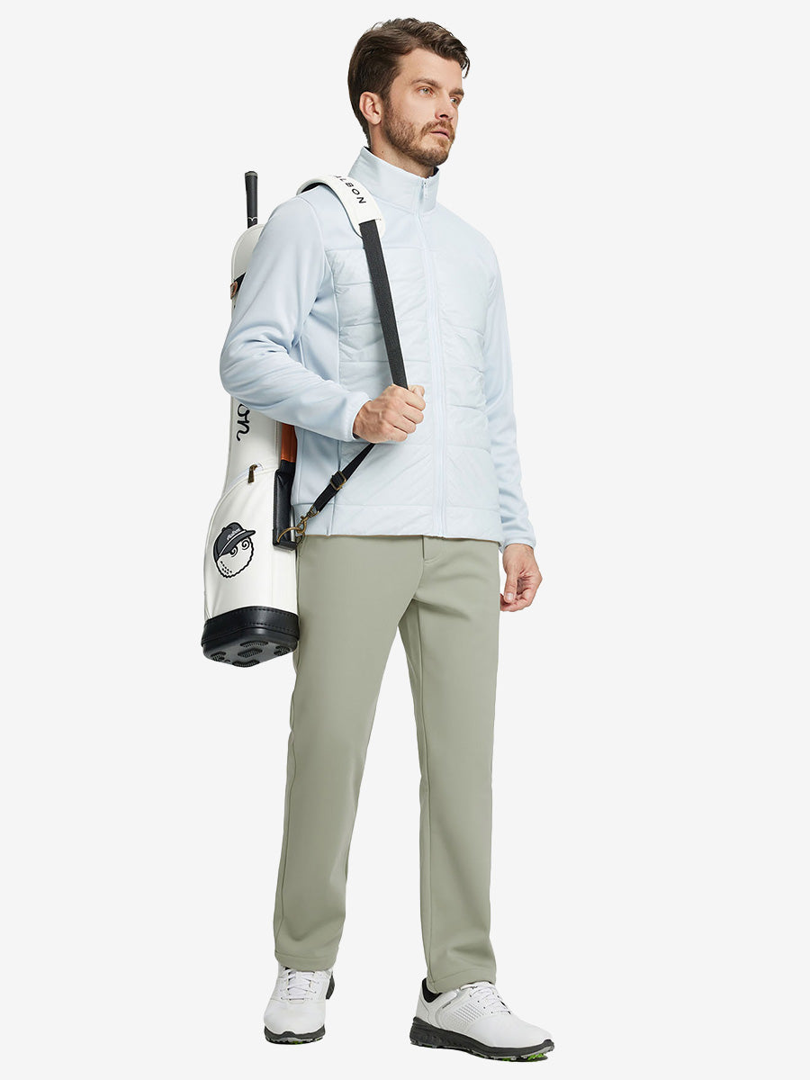 STONE Water-Resistant Fleece Lined Pants, full-body front view carrying golf bag