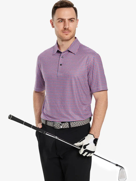 The model shows the front half-length image of the RED BLUE GINGHAM golf polo shirt, paired with a golf club, showing a sporty and elegant temperament