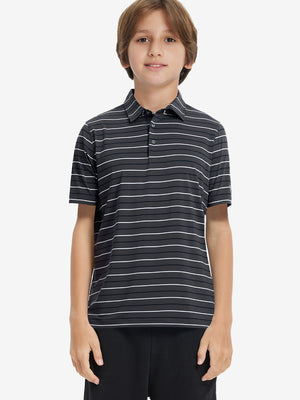 Front upper body of model wearing trendy boys stripe polo shirts, casual fit in dark grey stripe