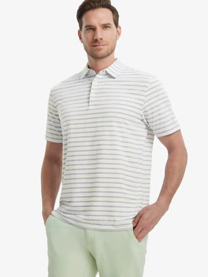 Model wearing Khaki Neutral Grey Stripe Performance Stripe Golf Shirt – front half-body pose