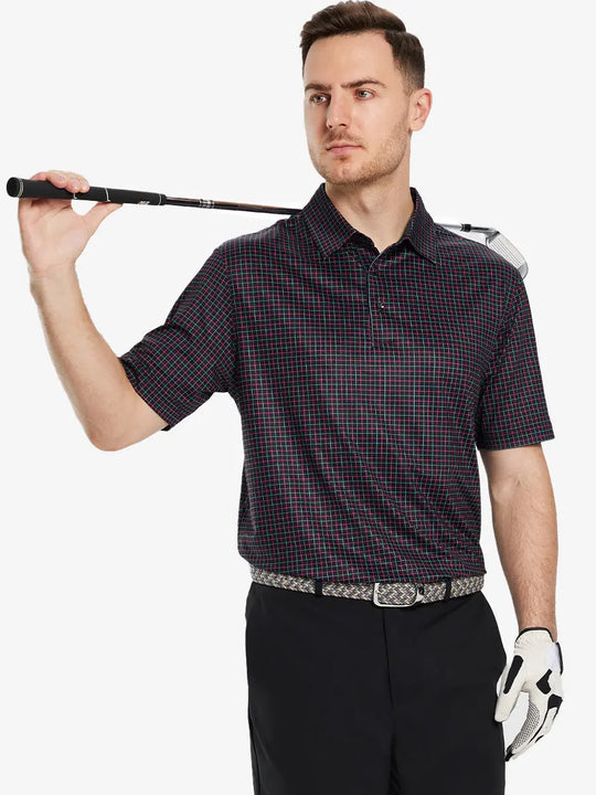Half-body front view of model holding golf club wearing BLACK GRID Performance Quick Dry Print Golf Polo.