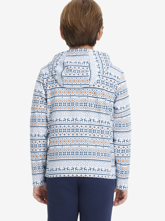 Back upper body view of model wearing youth full print stylish hoodies pullover, christmas snowflake.