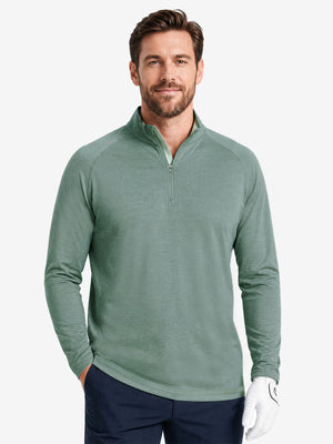  Model front upper body wearing presentation, dry fit athletic 1/4 zip sweatshirt in celadon green heather