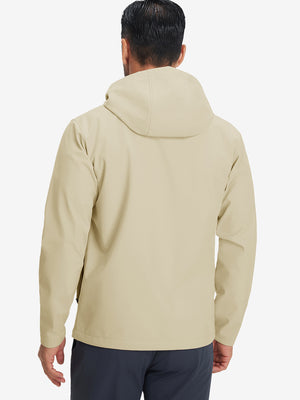 Back upper-body view of reflective hooded softshell jacket on model, shown in light khaki.