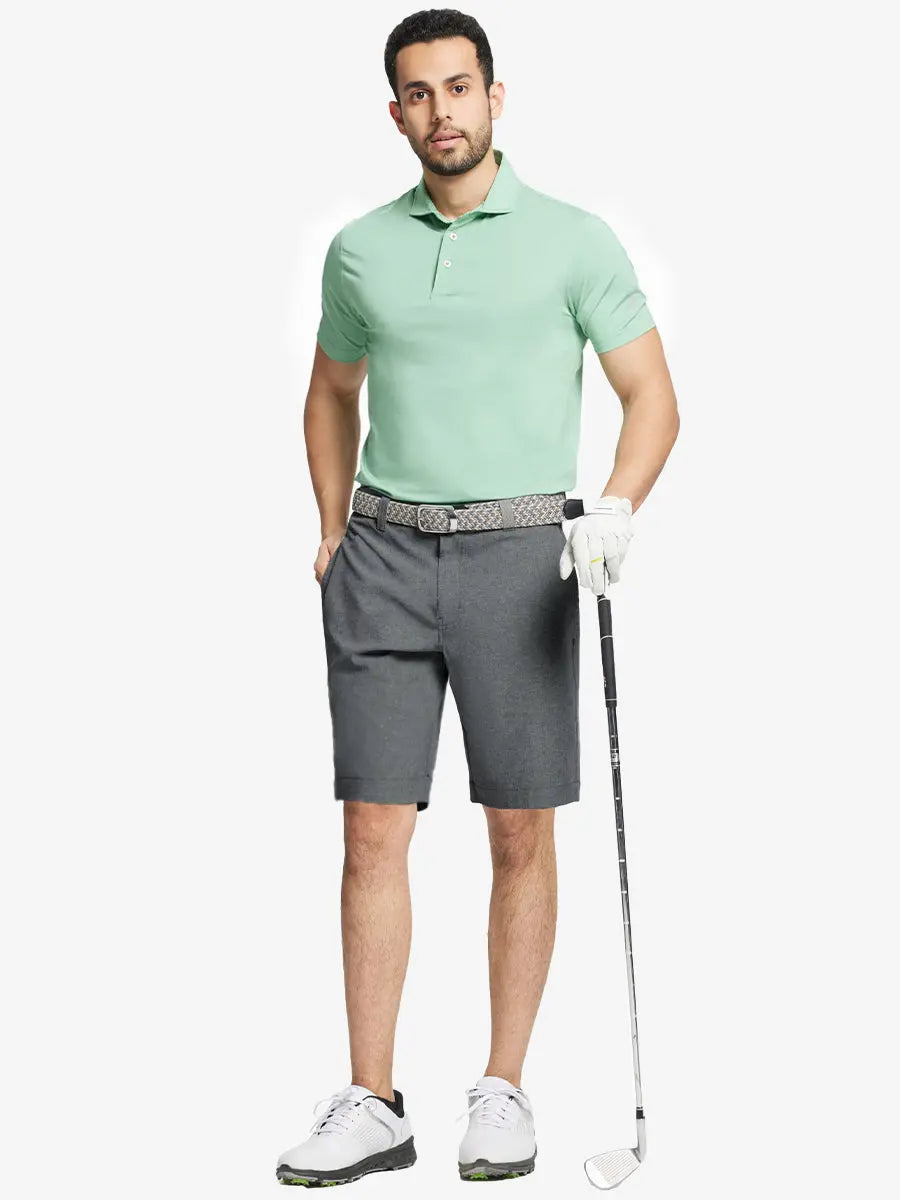 Full body front view of model wearing DARK GREY 9 Inch Heather Performance Golf Shorts, holding a golf club