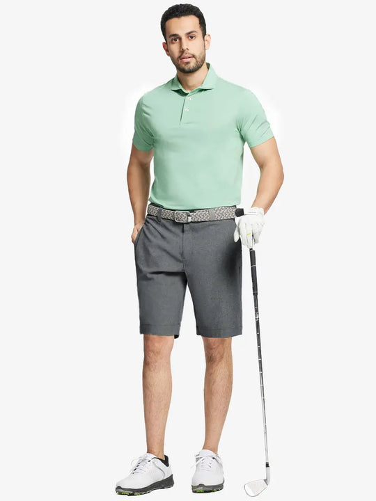 Full body front view of model wearing DARK GREY 9 Inch Heather Performance Golf Shorts, holding a golf club