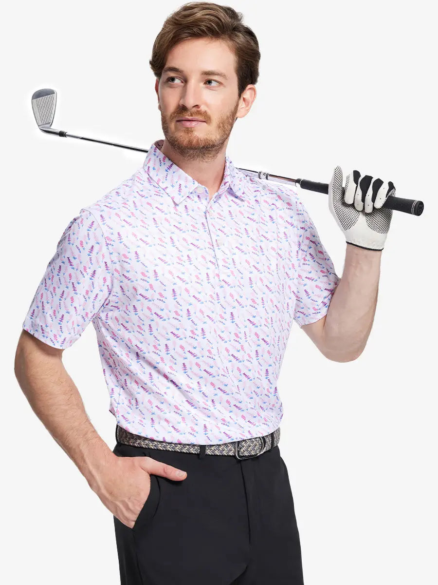 The model shows the front half-length image of the WHITE MULBERRY LAVENDER  golf polo shirt, paired with a golf club, showing a sporty and elegant temperament