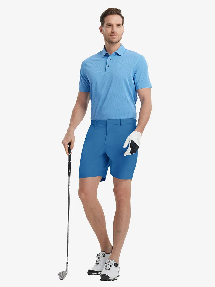 Full-body front shot of model holding golf club, wearing Player Fit Versatile Solid Shorts 7 Inch – BLUE