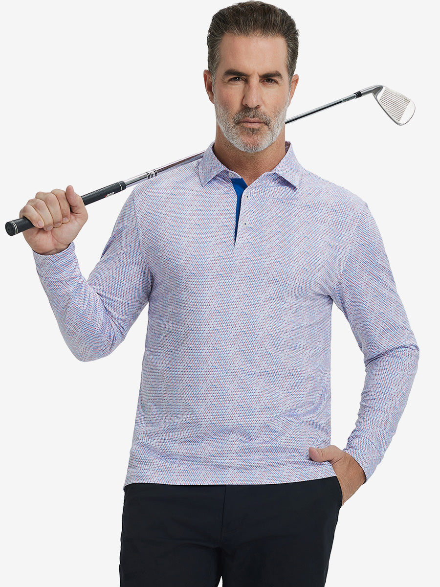 Model holding golf club, wearing lightweight print long sleeve polo in colourful hexagon, casual sporty fit.