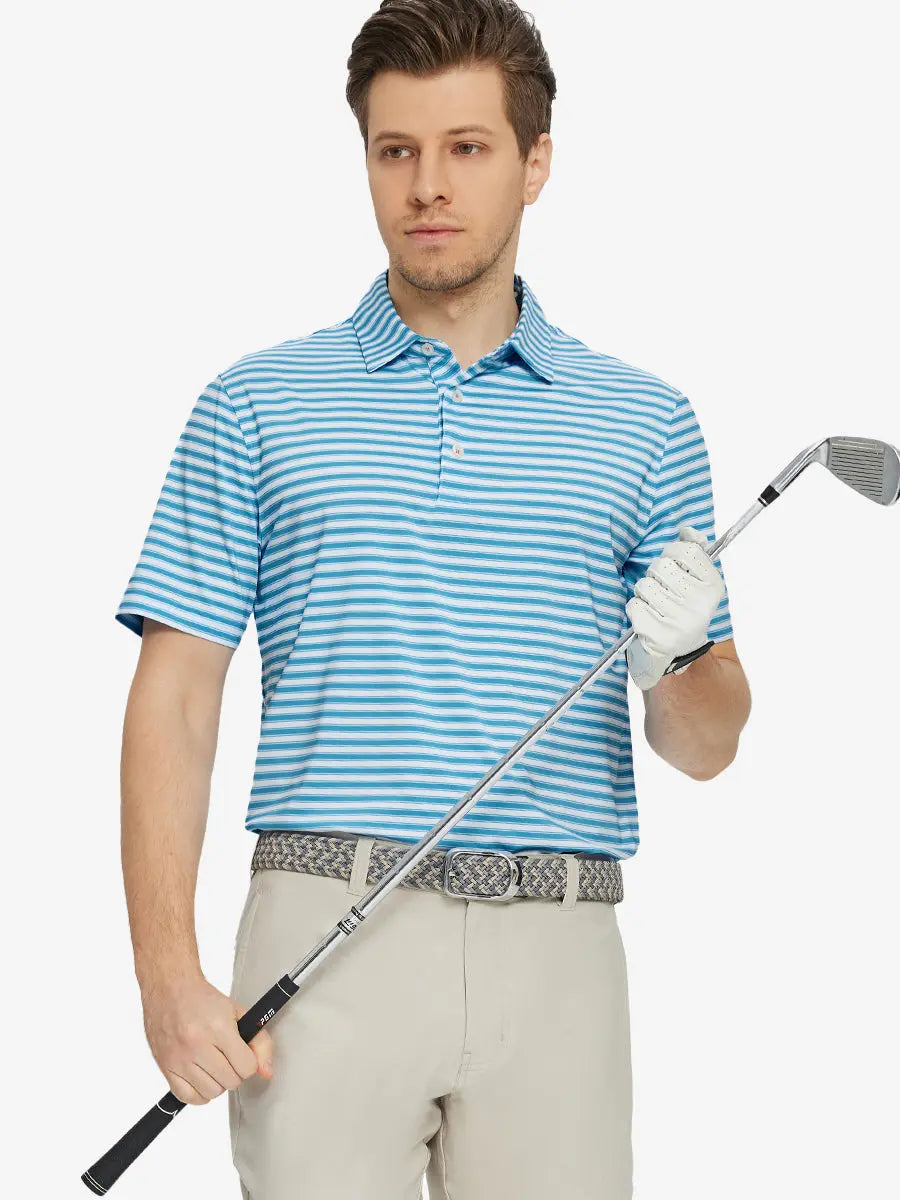 Front half-body golf pose wearing Sky Blue White Yarn Dyed Stripe Polo