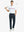 Full front view of model in Water Repellent 8 Pockets Pants NAVY，ready for golf with club in hand.