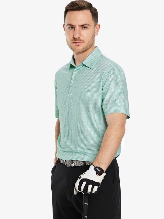 Model shows the green plant pattern polo shirt, highlighting its fresh, natural design and energetic vibe.
