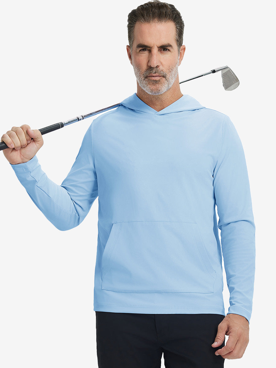 Model holding golf club, wearing dry fit stretchy sweatshirts hoodie in light blue, sporty and casual.