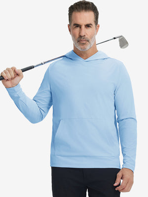 Model holding golf club, wearing dry fit stretchy sweatshirts hoodie in light blue, sporty and casual.