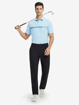 Full-body shot of model holding golf club, styled with quick dry casual dress pants in black.