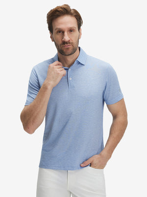 Front waist-up shot of model wearing light blue ultra-light quick dry moisture wicking collared polo shirt