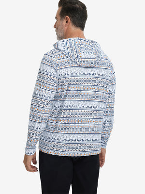 Back upper body view of trendy print fleece hoodies, showing structure and christmas snowflake tone