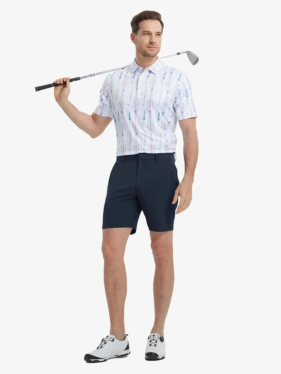 Full-body front shot of model holding golf club, wearing Player Fit Versatile Solid Shorts 7 Inch – NAVY