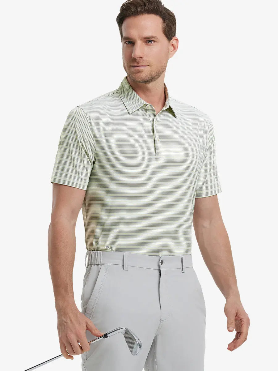 Model wearing Olive Green Grass Green Performance Stripe Golf Shirt – front half-body pose
