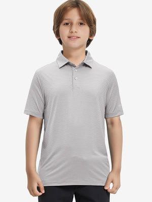 Front half-body shot of youth in grey white stripe performance cooling polo, highlighting design and fit