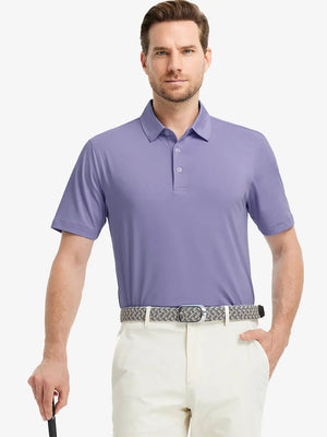 Model poses wearing Everyday Solid Jersey Polo in LAVENDER, front half-body with golf club.